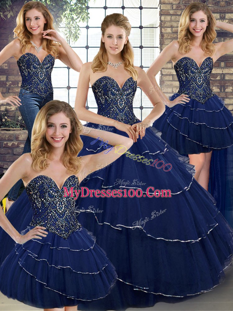 Noble Ball Gowns Sleeveless Navy Blue Quinceanera Gown Brush Train Lace Up