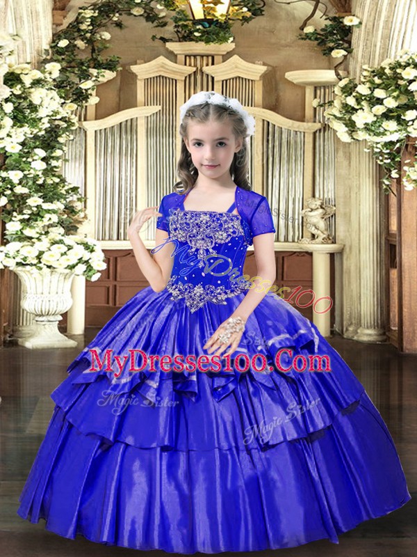 Floor Length Blue Pageant Dress for Teens Straps Sleeveless Lace Up