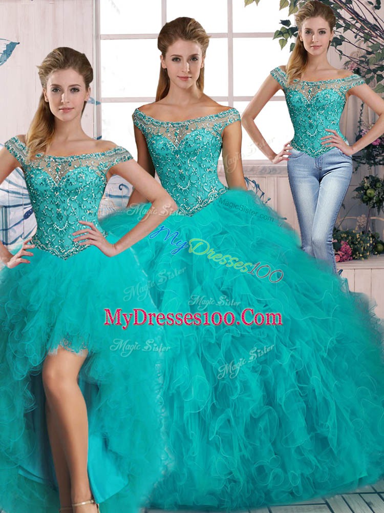 Customized Aqua Blue Sweet 16 Dress Tulle Brush Train Sleeveless Beading and Ruffles