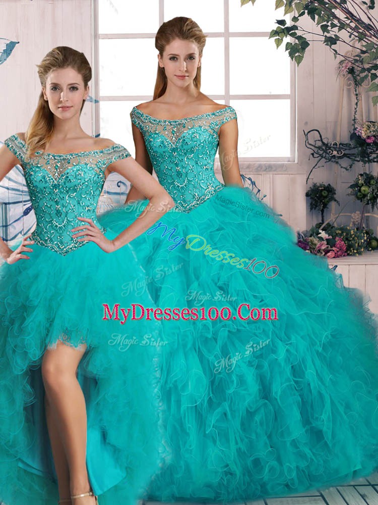 Customized Aqua Blue Sweet 16 Dress Tulle Brush Train Sleeveless Beading and Ruffles