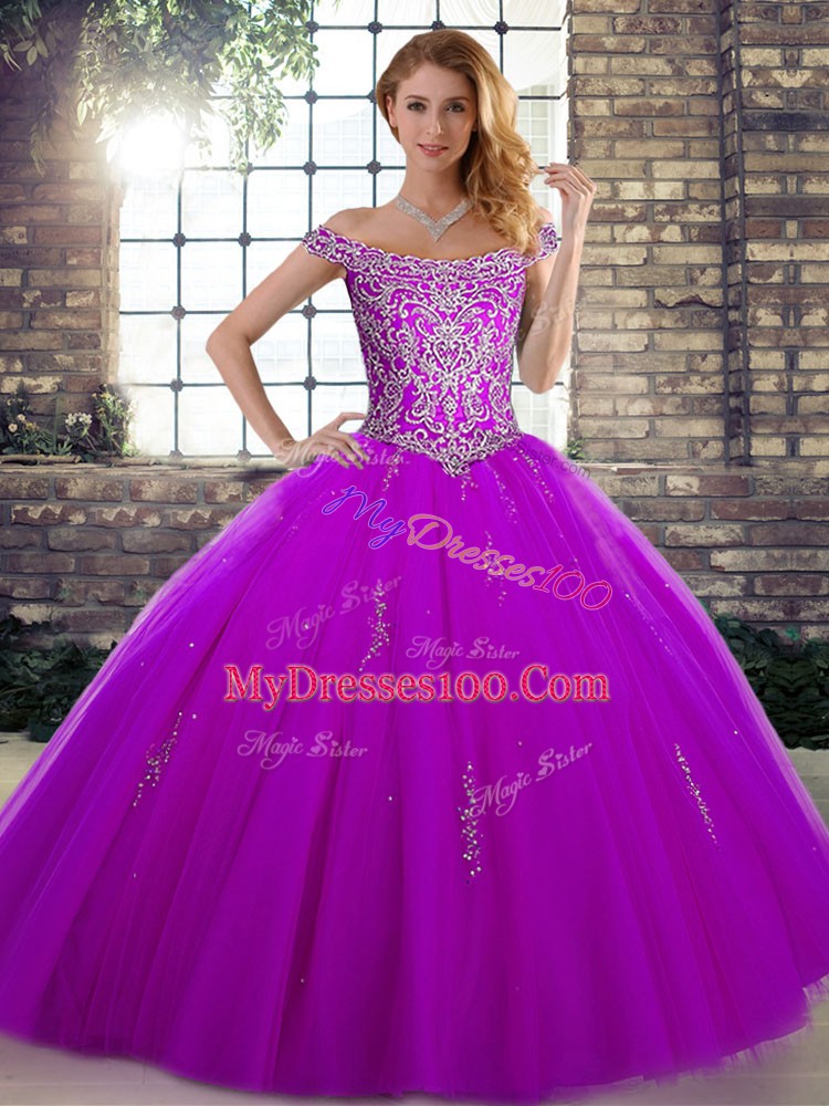 Off The Shoulder Sleeveless Quinceanera Gown Floor Length Beading Purple Tulle