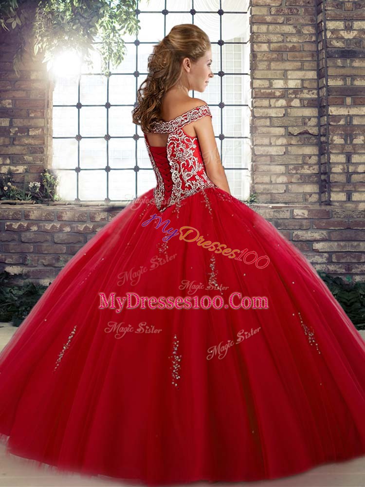 Off The Shoulder Sleeveless Quinceanera Gown Floor Length Beading Purple Tulle