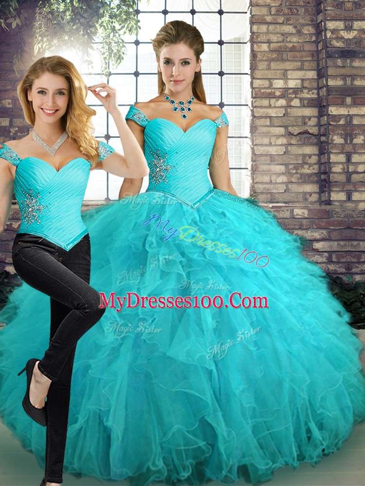 Spectacular Aqua Blue Two Pieces Tulle Off The Shoulder Sleeveless Beading and Ruffles Floor Length Lace Up Quinceanera Gowns