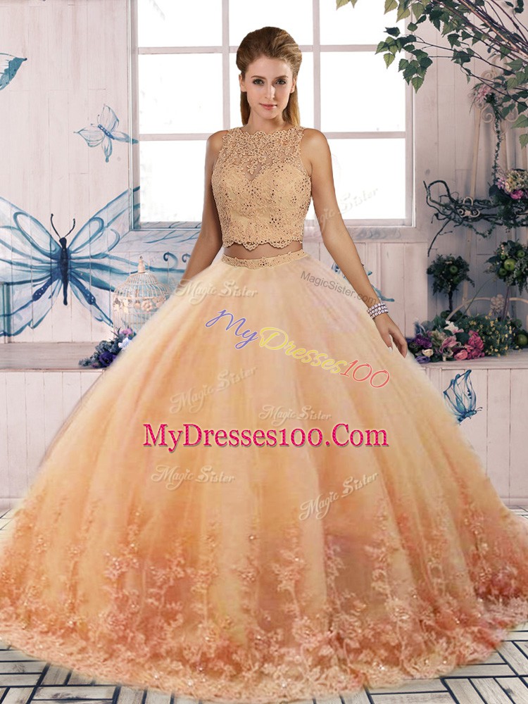 Cheap Peach Sleeveless Sweep Train Lace Sweet 16 Quinceanera Dress