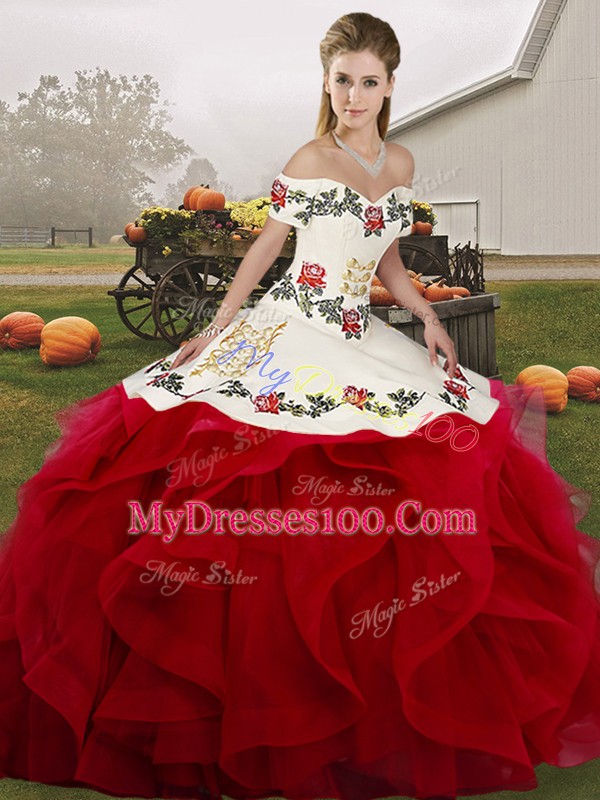 White And Red Ball Gowns Off The Shoulder Sleeveless Tulle Floor Length Lace Up Embroidery and Ruffles Quinceanera Dresses