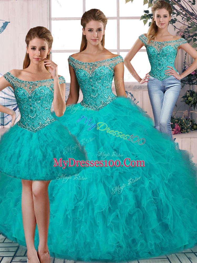 Great Aqua Blue Off The Shoulder Lace Up Beading and Ruffles Sweet 16 Dresses Brush Train Sleeveless