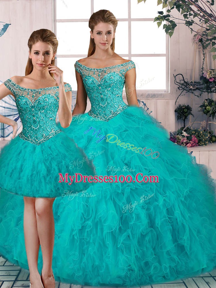 Great Aqua Blue Off The Shoulder Lace Up Beading and Ruffles Sweet 16 Dresses Brush Train Sleeveless