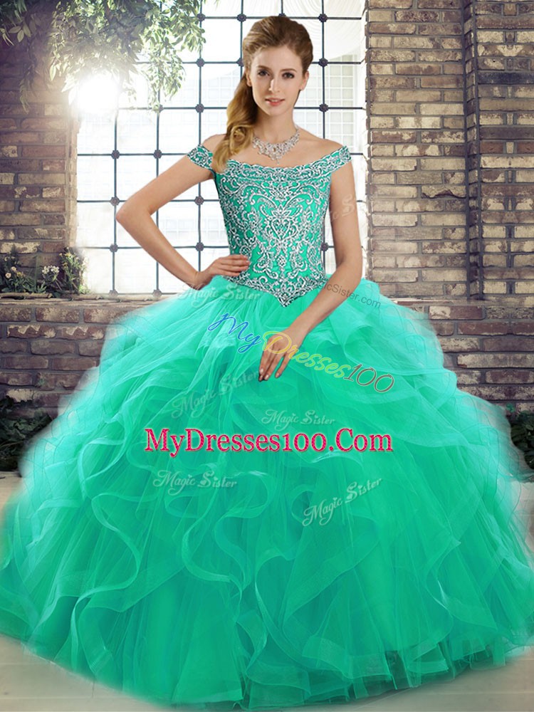 Turquoise Sleeveless Brush Train Beading and Ruffles Sweet 16 Dress