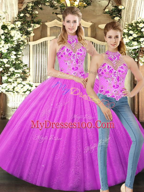 Noble Lilac Two Pieces Embroidery Quinceanera Gown Lace Up Tulle Sleeveless Floor Length