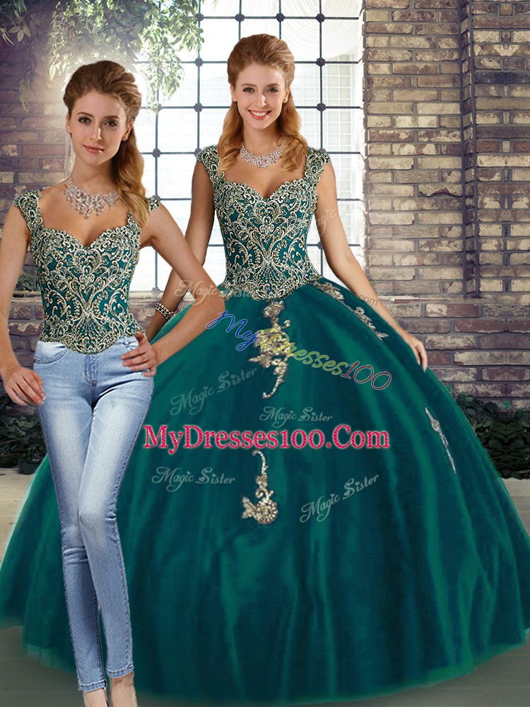 Discount Floor Length Lace Up Quinceanera Dress Peacock Green for Military Ball and Sweet 16 and Quinceanera with Beading and Appliques