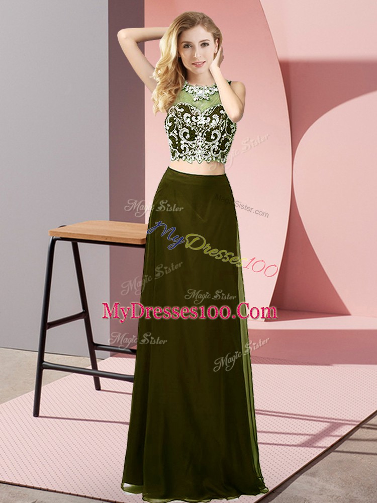 Flare Olive Green Backless Beading Sleeveless Floor Length