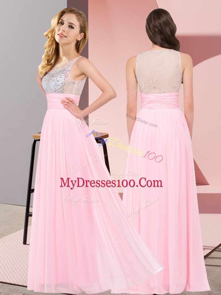 Custom Designed Sleeveless Floor Length Beading Side Zipper Court Dresses for Sweet 16 with Baby Pink
