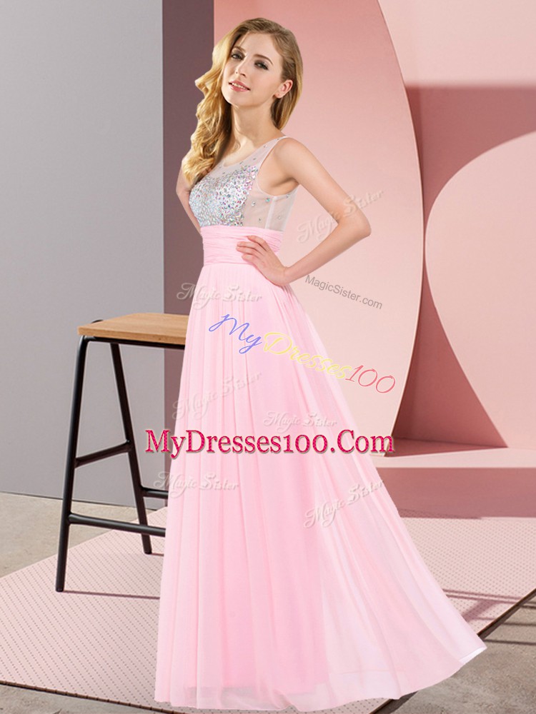 Custom Designed Sleeveless Floor Length Beading Side Zipper Court Dresses for Sweet 16 with Baby Pink