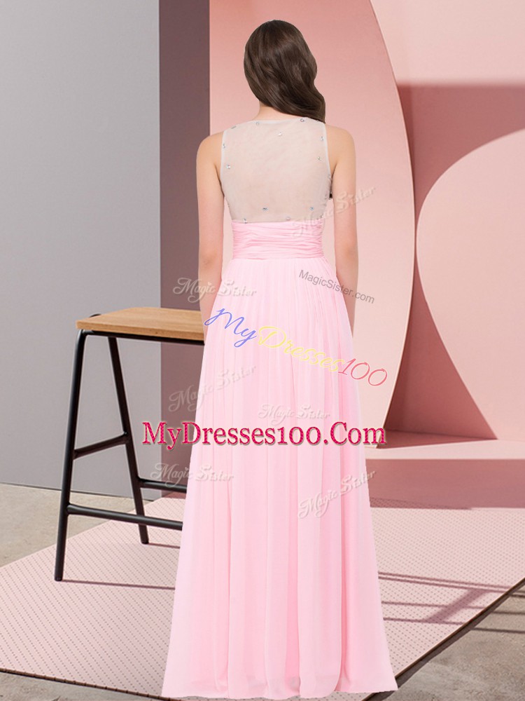 Custom Designed Sleeveless Floor Length Beading Side Zipper Court Dresses for Sweet 16 with Baby Pink