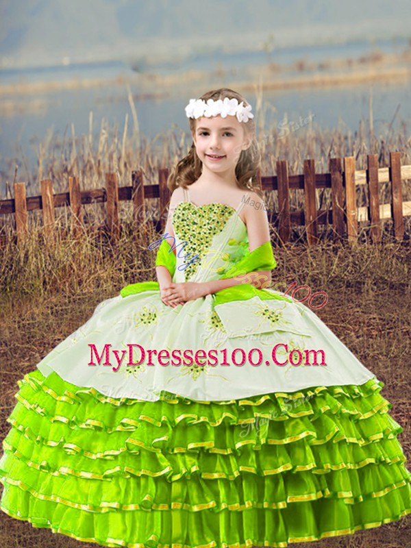 Yellow Green Ball Gowns Straps Sleeveless Organza Floor Length Lace Up Beading and Embroidery and Ruffled Layers Little Girls Pageant Gowns