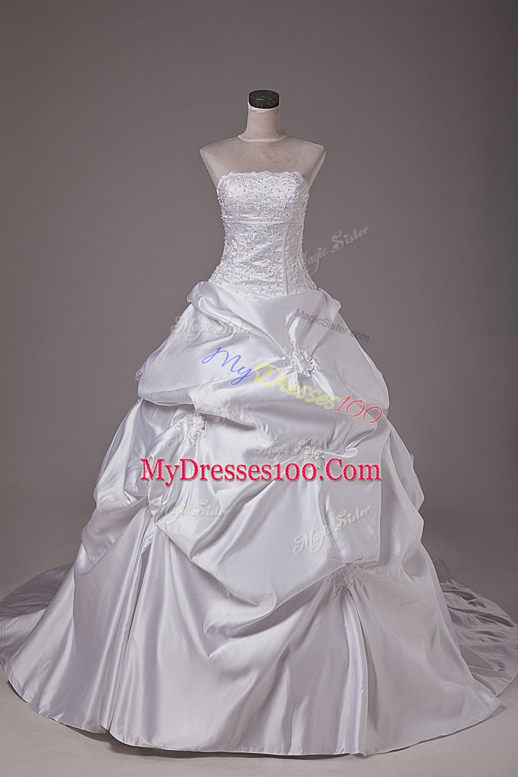 Adorable White Lace Up Wedding Gowns Embroidery and Pick Ups Sleeveless Brush Train