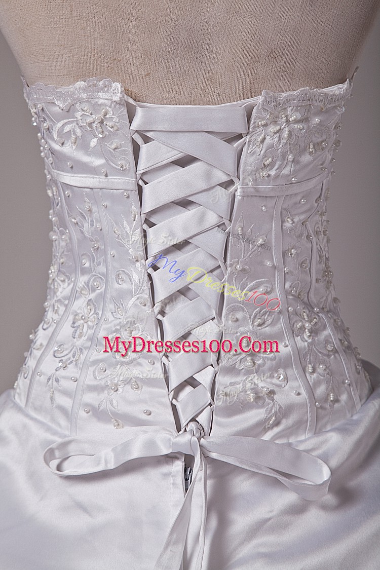 Adorable White Lace Up Wedding Gowns Embroidery and Pick Ups Sleeveless Brush Train