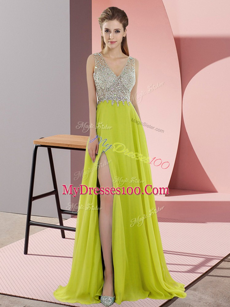 Yellow Green Sleeveless Chiffon Sweep Train Zipper Evening Dress for Prom and Party