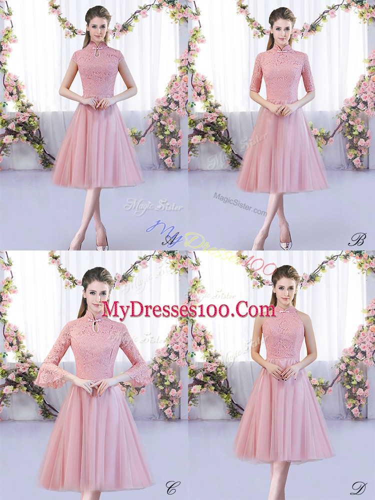 Tulle Cap Sleeves Tea Length Bridesmaid Dresses and Lace