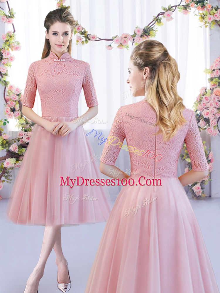 Tulle Cap Sleeves Tea Length Bridesmaid Dresses and Lace