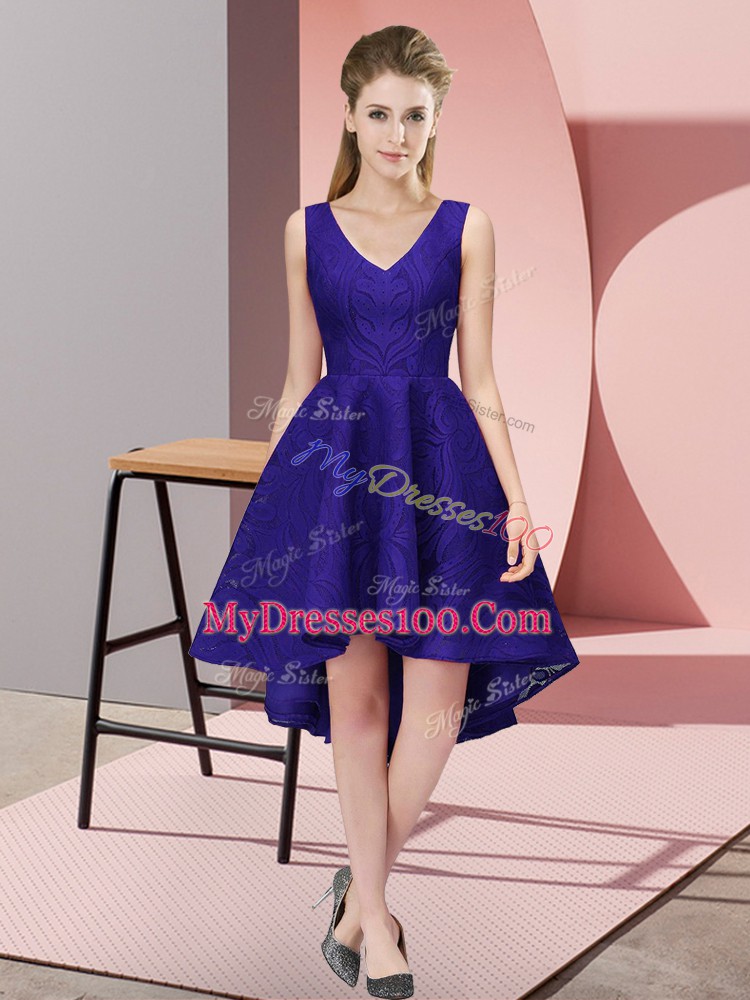 A-line Quinceanera Court Dresses Purple V-neck Lace Sleeveless High Low Zipper