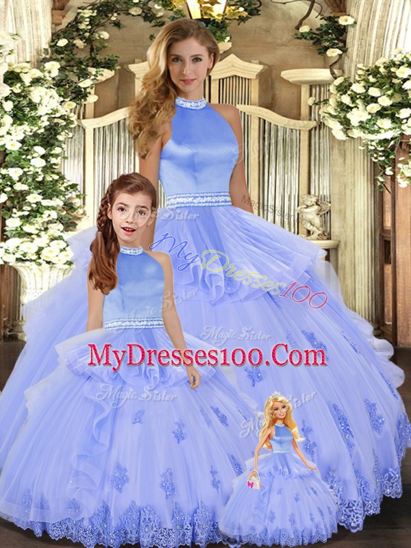 Best Halter Top Sleeveless Quinceanera Gown Floor Length Appliques Lavender Tulle