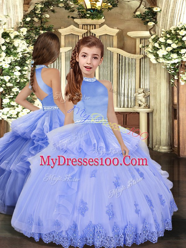 Best Halter Top Sleeveless Quinceanera Gown Floor Length Appliques Lavender Tulle