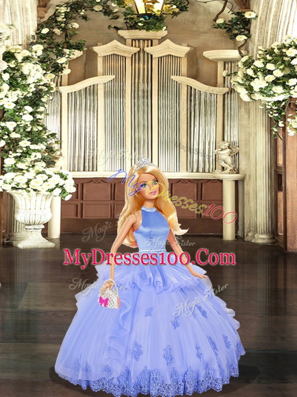 Best Halter Top Sleeveless Quinceanera Gown Floor Length Appliques Lavender Tulle
