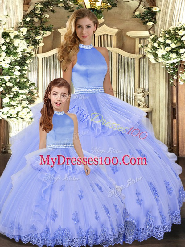 Best Halter Top Sleeveless Quinceanera Gown Floor Length Appliques Lavender Tulle