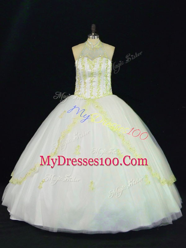 Halter Top Sleeveless Lace Up Quinceanera Gowns Yellow And White Tulle