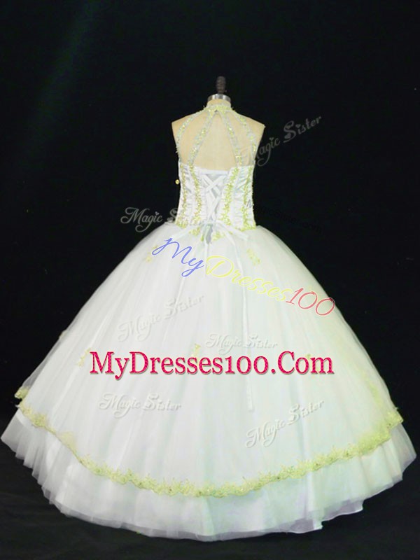 Halter Top Sleeveless Lace Up Quinceanera Gowns Yellow And White Tulle