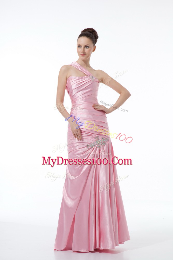 Floor Length Baby Pink Evening Dress One Shoulder Sleeveless Lace Up