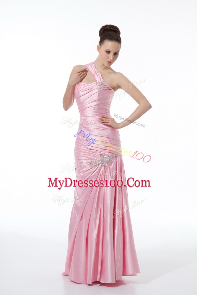 Floor Length Baby Pink Evening Dress One Shoulder Sleeveless Lace Up