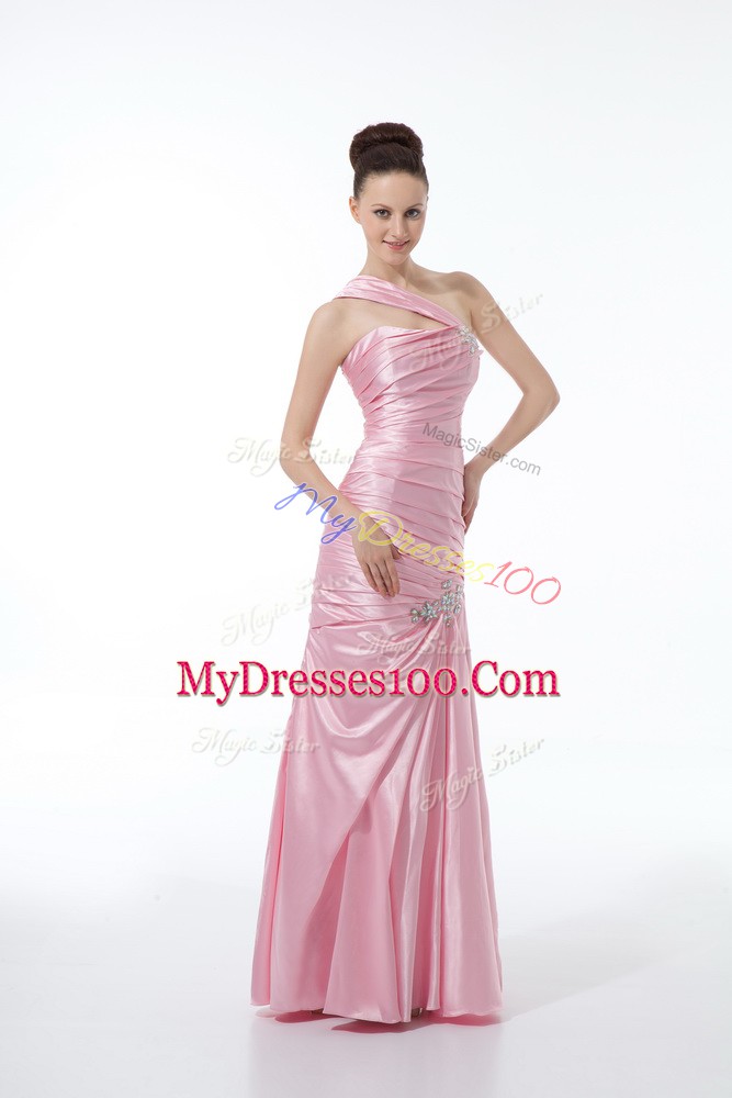 Floor Length Baby Pink Evening Dress One Shoulder Sleeveless Lace Up