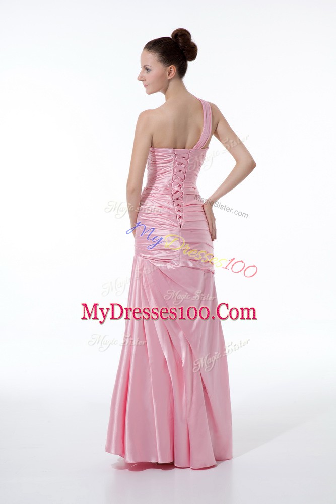 Floor Length Baby Pink Evening Dress One Shoulder Sleeveless Lace Up