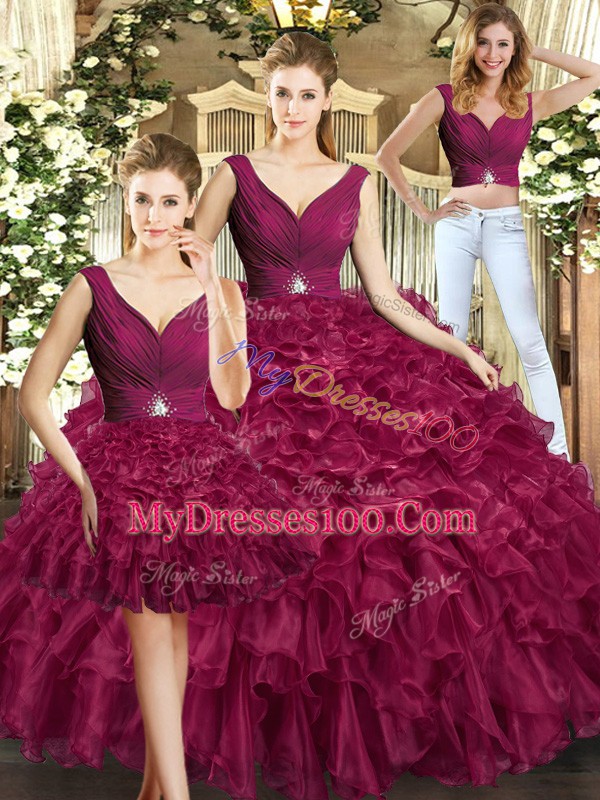 Burgundy V-neck Neckline Ruffles Quinceanera Dresses Sleeveless Backless