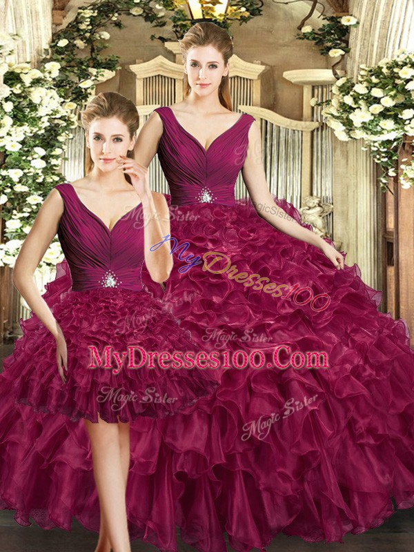 Burgundy V-neck Neckline Ruffles Quinceanera Dresses Sleeveless Backless