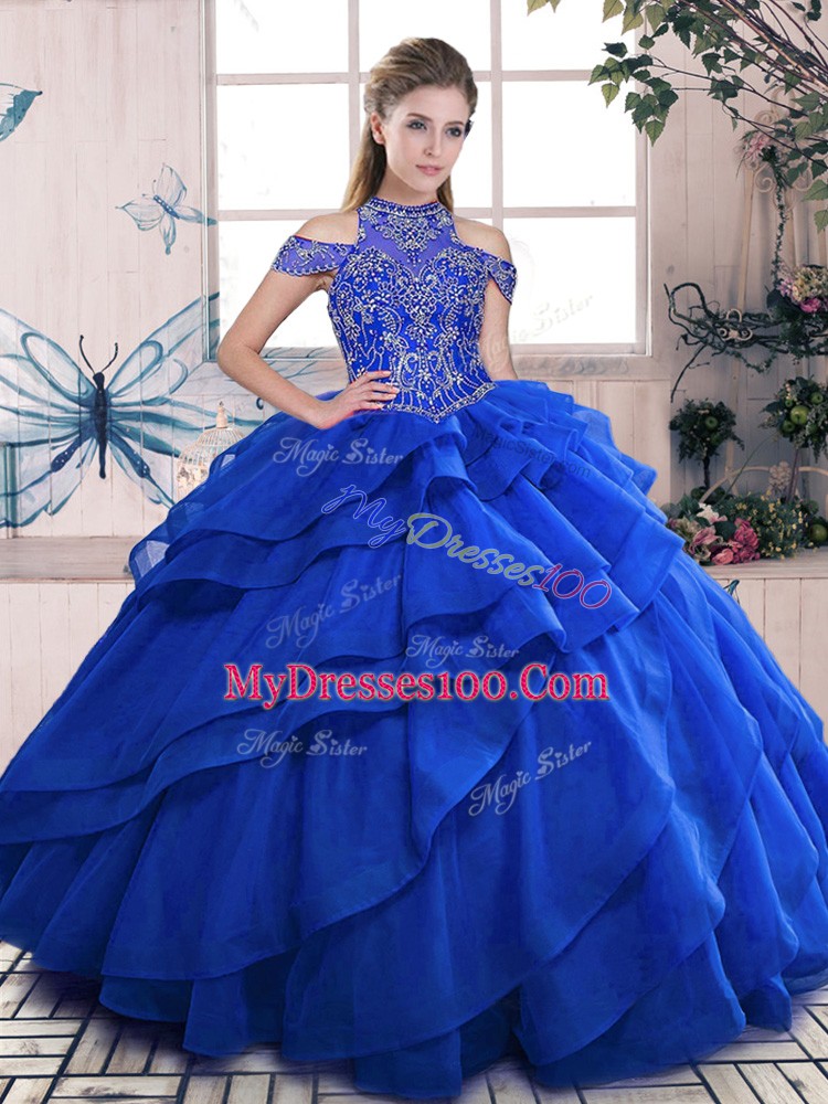Affordable Royal Blue High-neck Lace Up Beading and Ruffled Layers Quinceanera Gowns Sleeveless