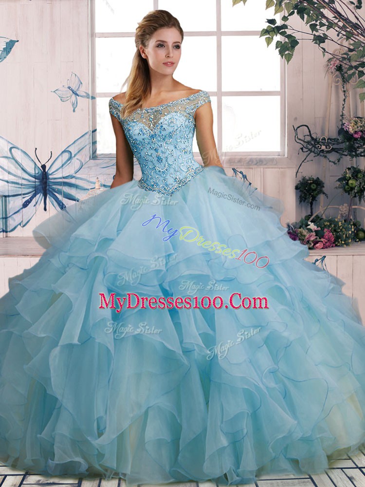 Noble Light Blue Sleeveless Organza Lace Up Sweet 16 Quinceanera Dress for Military Ball and Sweet 16 and Quinceanera