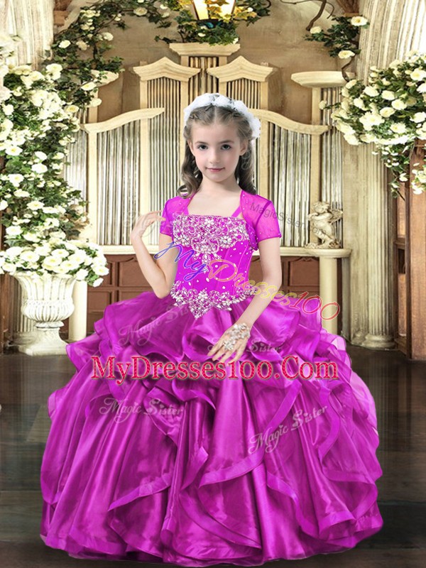 Floor Length Fuchsia Girls Pageant Dresses Straps Sleeveless Lace Up