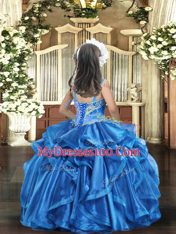 Floor Length Fuchsia Girls Pageant Dresses Straps Sleeveless Lace Up
