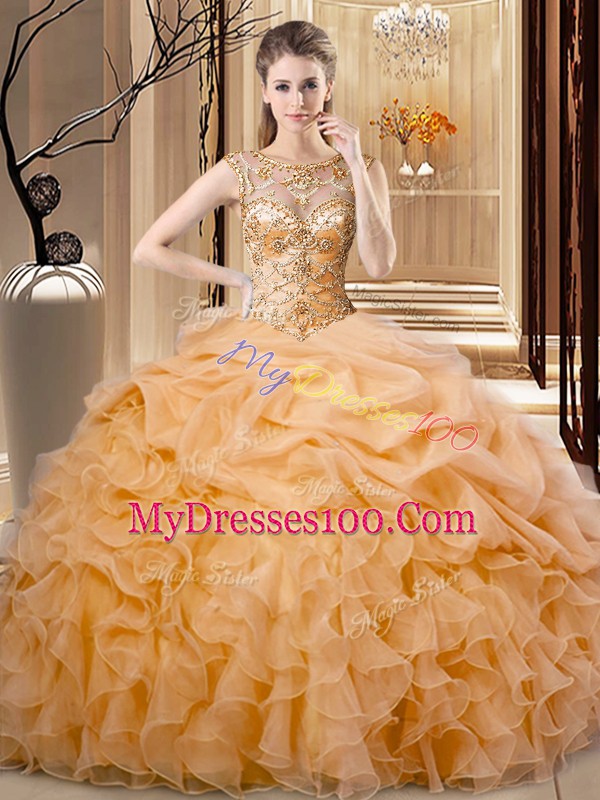 Fabulous Scoop Sleeveless Organza Quinceanera Gown Beading and Ruffles Lace Up