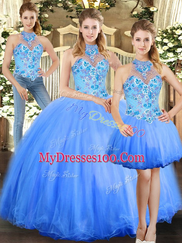 Modest Blue Sleeveless Embroidery Floor Length 15 Quinceanera Dress