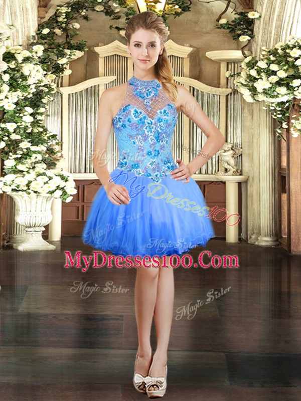 Modest Blue Sleeveless Embroidery Floor Length 15 Quinceanera Dress