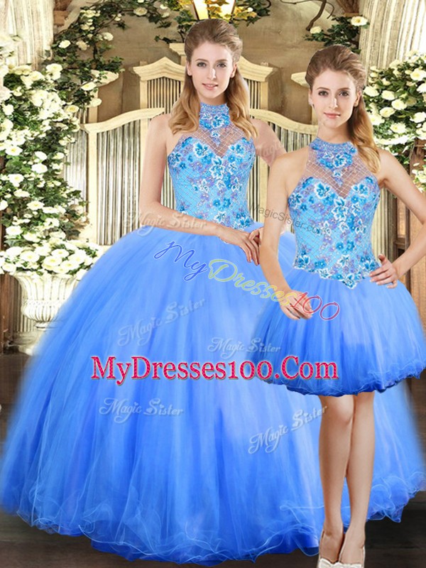 Modest Blue Sleeveless Embroidery Floor Length 15 Quinceanera Dress