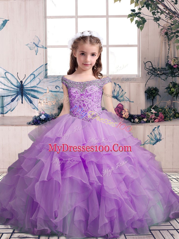 Lilac Off The Shoulder Neckline Beading and Ruffles Pageant Dress for Teens Sleeveless Lace Up