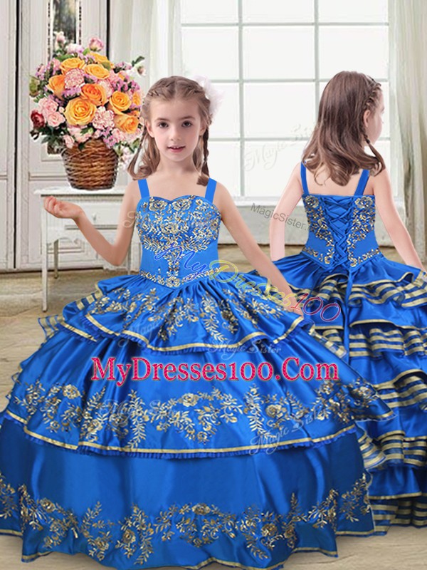 Straps Sleeveless Pageant Dress Toddler Floor Length Embroidery and Ruffled Layers Royal Blue Satin