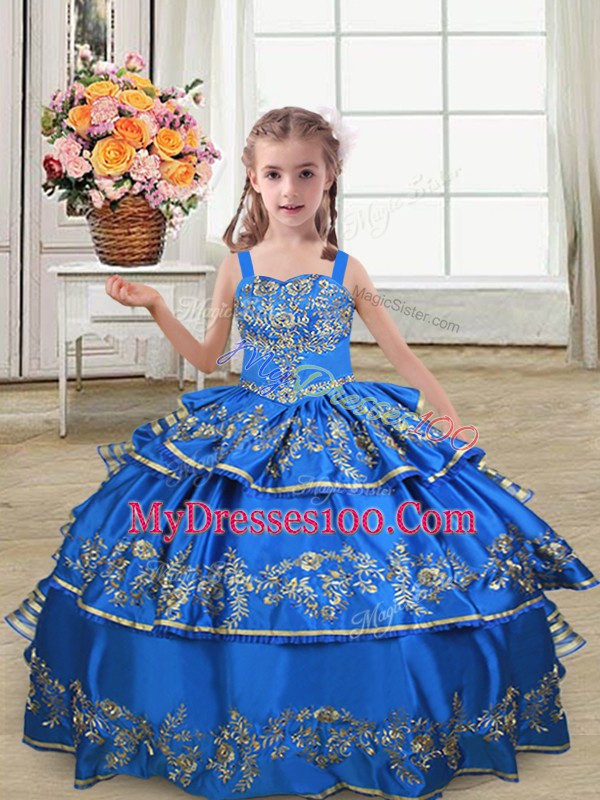 Straps Sleeveless Pageant Dress Toddler Floor Length Embroidery and Ruffled Layers Royal Blue Satin