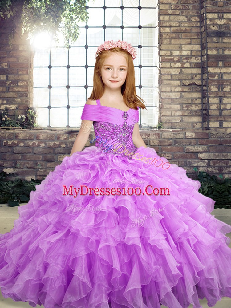 Floor Length Lace Up Kids Pageant Dress Lavender for Party and Wedding Party with Beading and Ruffles