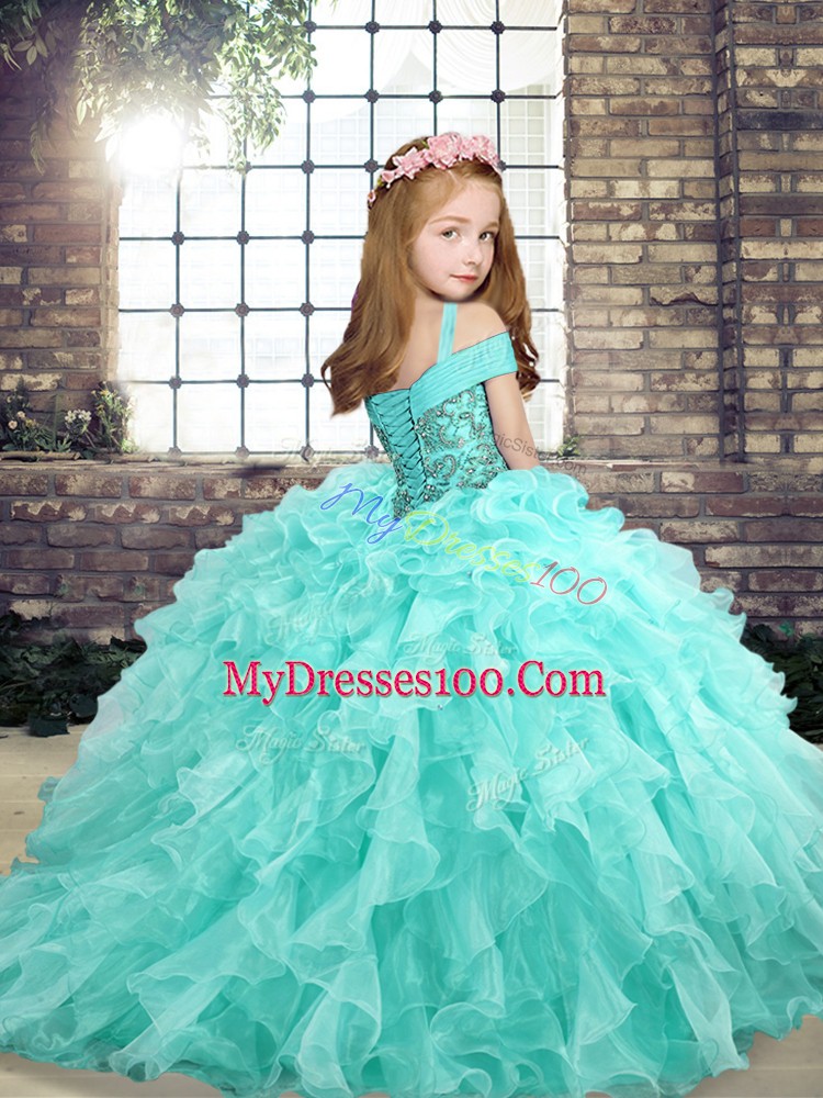 Floor Length Lace Up Kids Pageant Dress Lavender for Party and Wedding Party with Beading and Ruffles